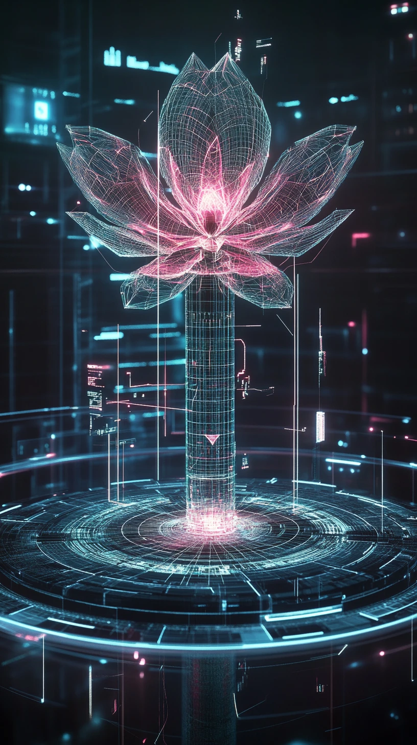 Geometric flower rising from circular digital data platform