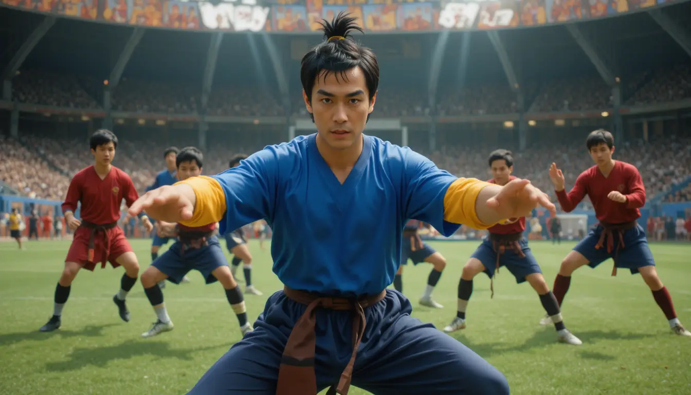 Shaolin martial artists performing kung fu moves on a soccer field