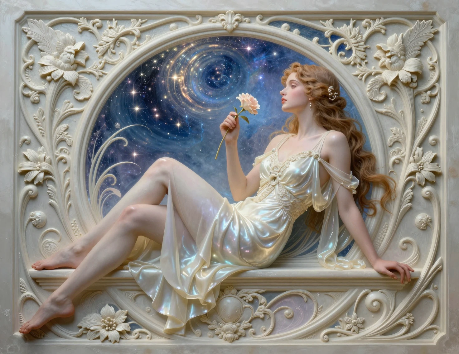 Elegant woman lazily posing by a window with a flower
