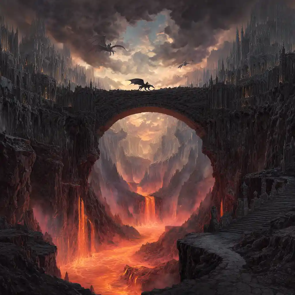 Knight Riding A Dragon Across A Volcanic Castle Bridge