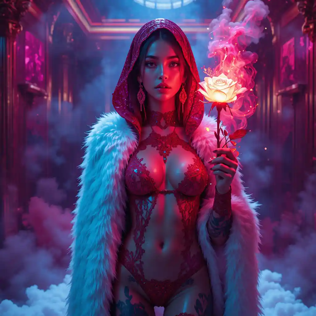 Surreal fashion portrait of a woman in crimson latex cloak