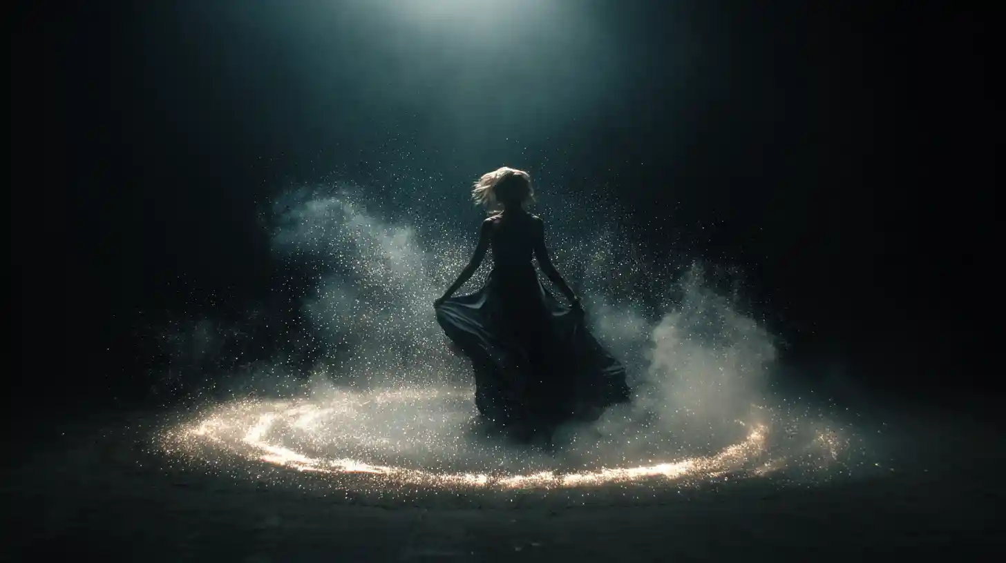 Young woman in swirling vortex of light and ash