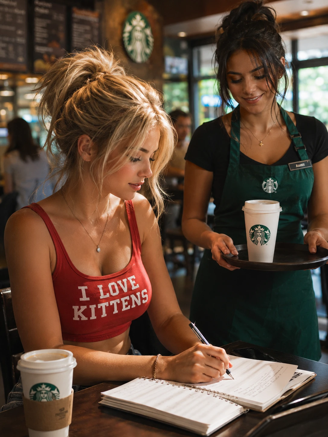 Young woman writing in notebook at cozy coffee shop table