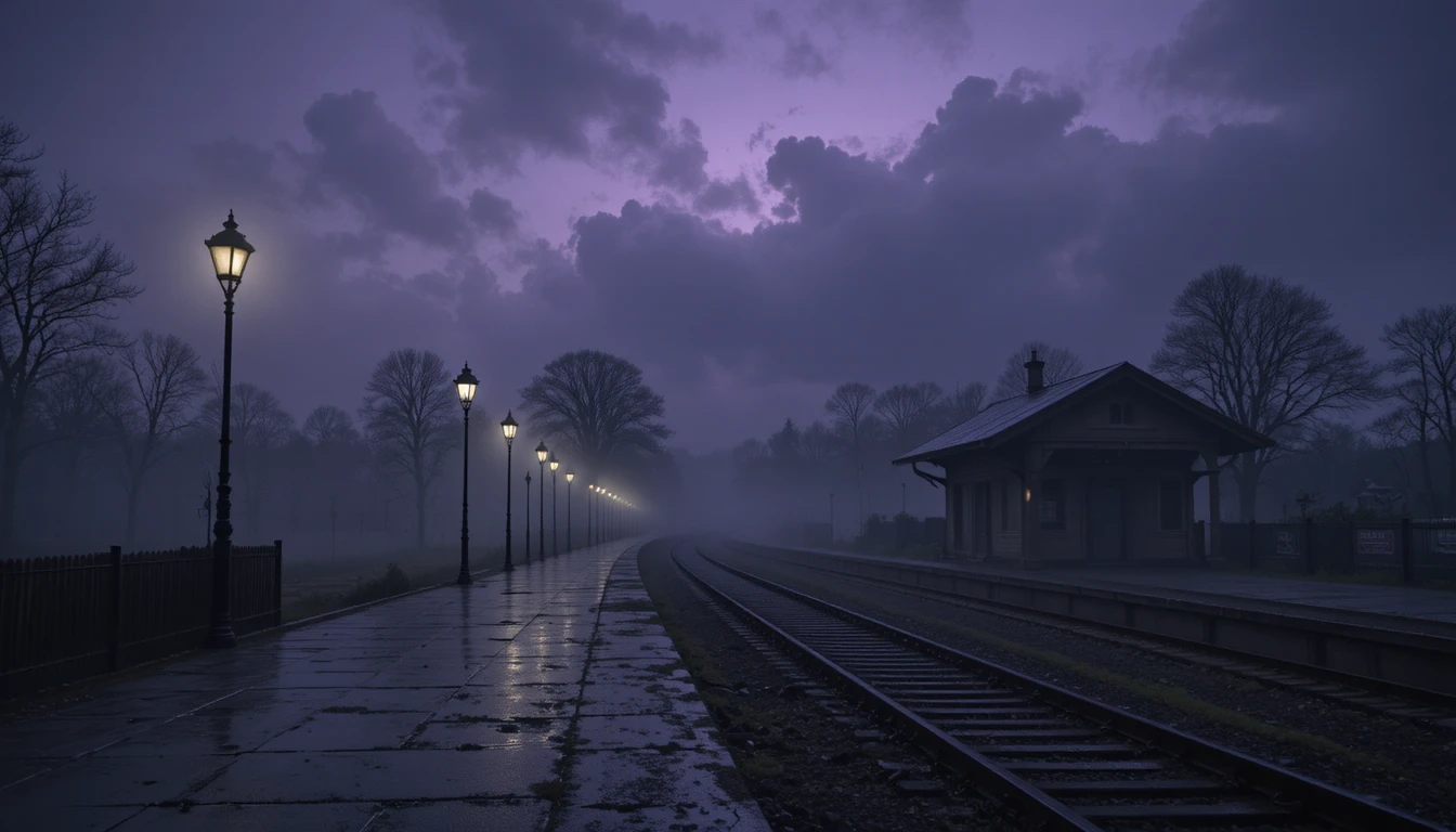 Gare Abandonnée sous un Ciel du Soir Violet Crépusculaire