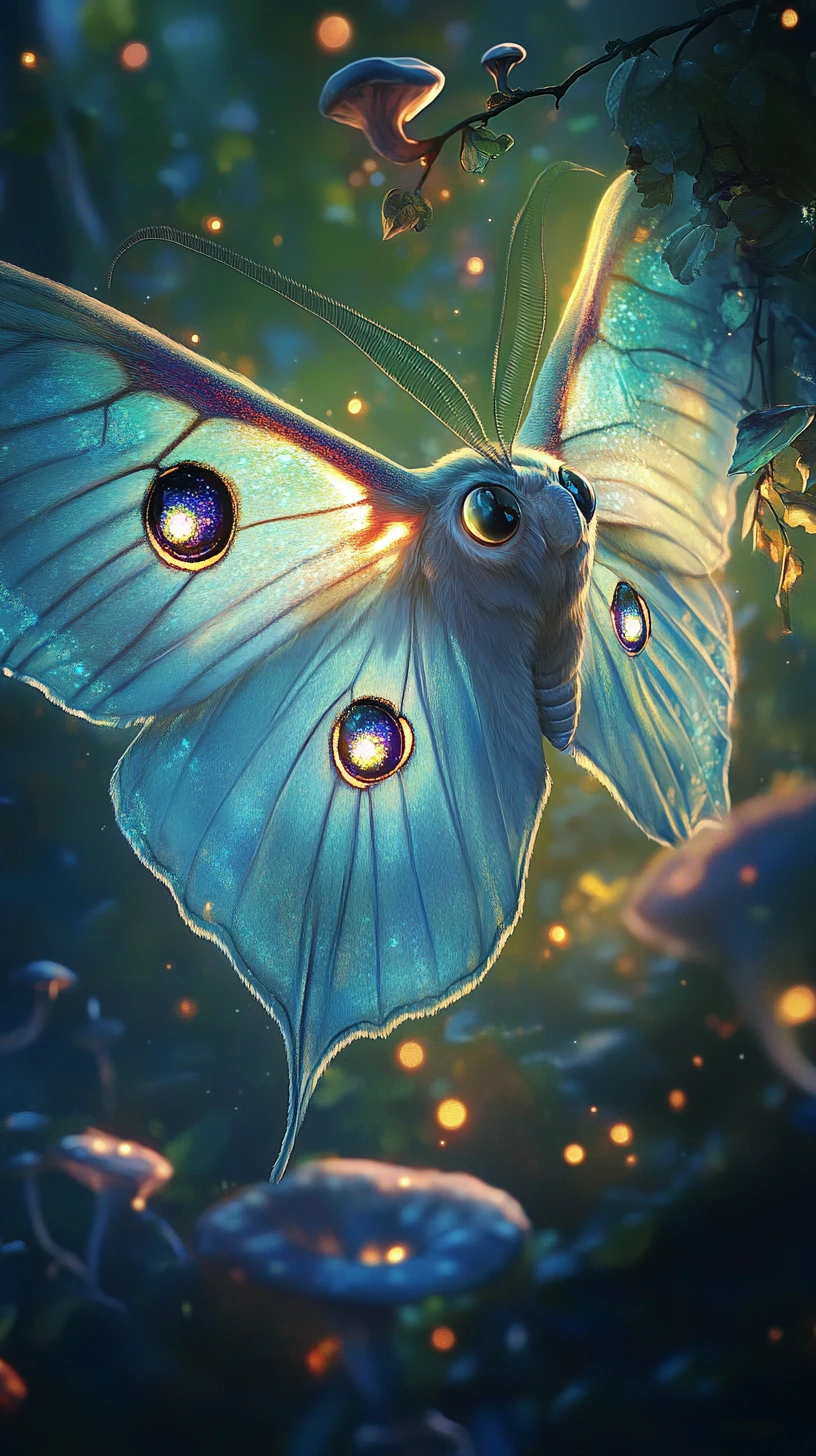 Bioluminescent luna moth in a dreamy fantasy forest