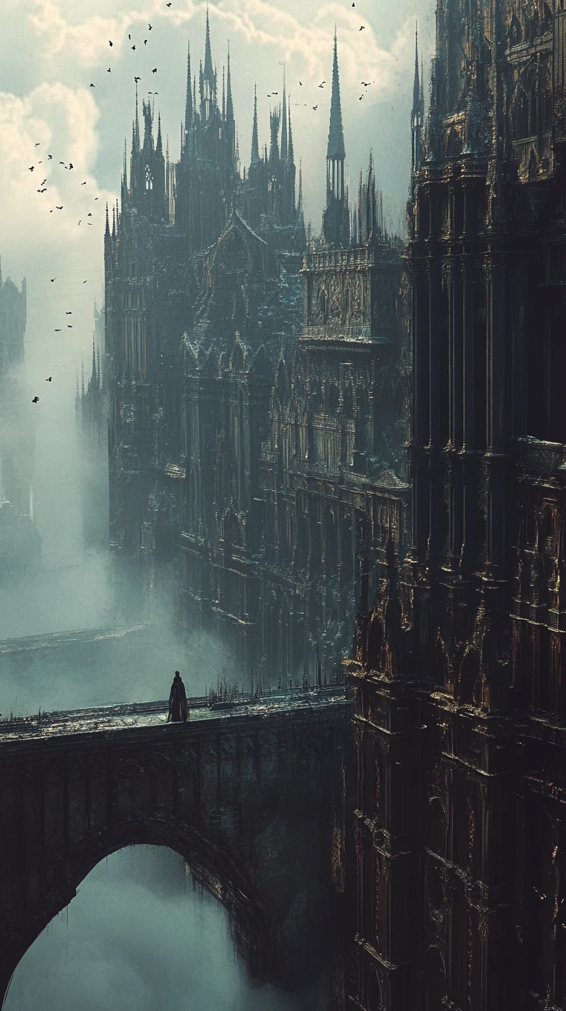 Gothic fantasy city dissolving into drifting dust and fog