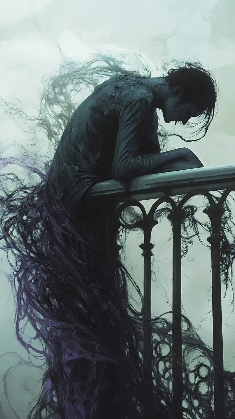 Figure dissolving into particles above a swirling void