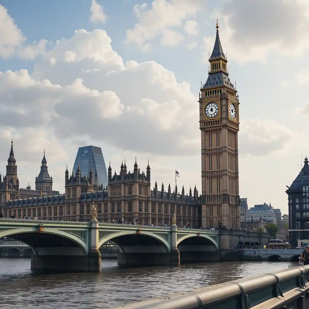 Historic London clock tower overlooking the River Thames