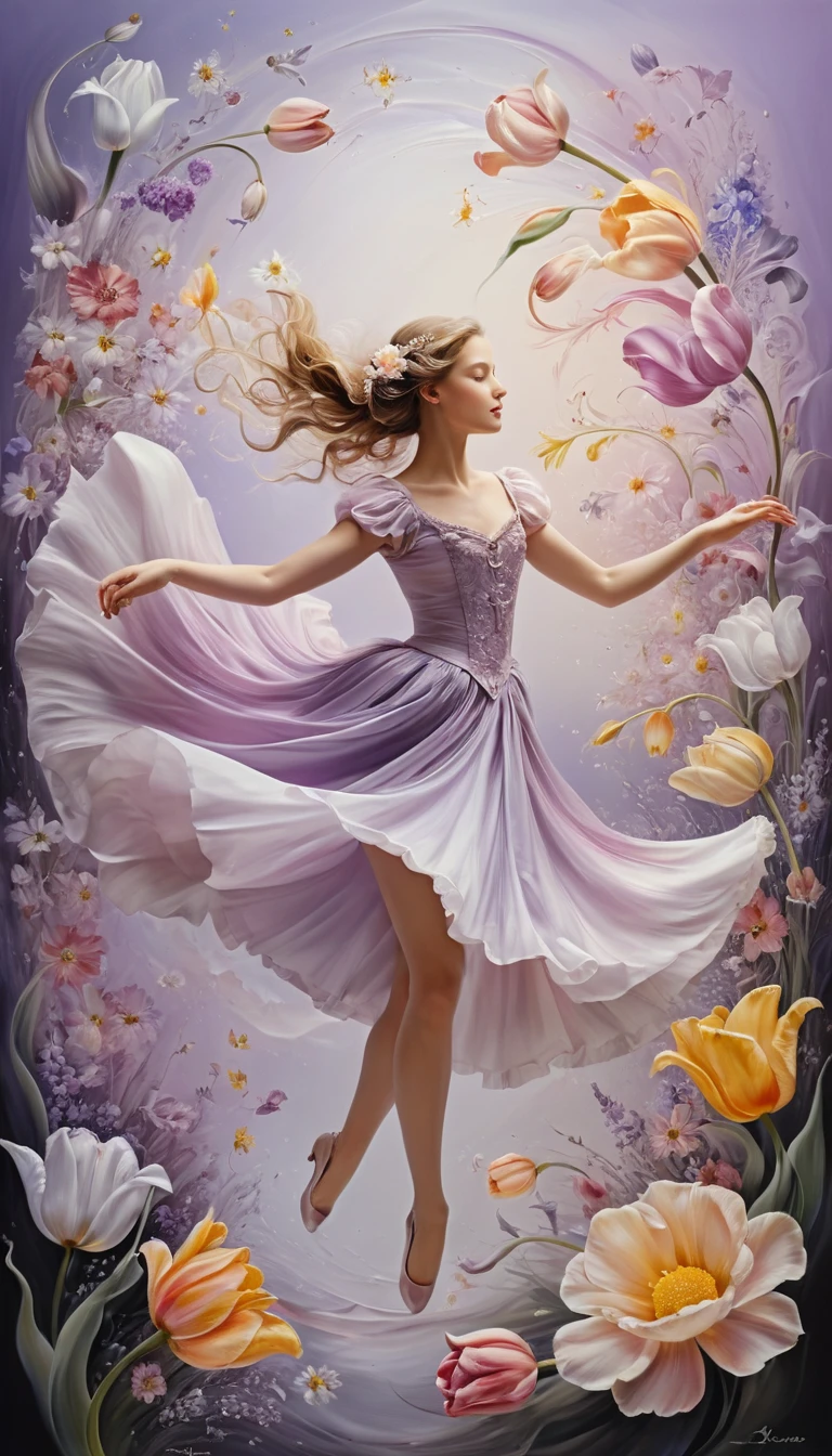 Dancing flowers swirling in soft pearly romantic colors
