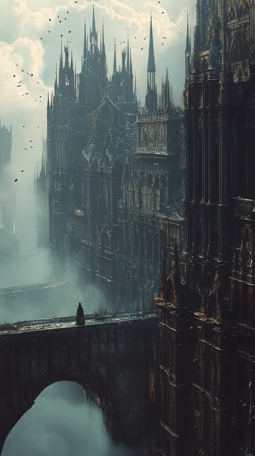 Gotische Fantasy-Stadt, die sich in treibenden Staub und Nebel auflöst