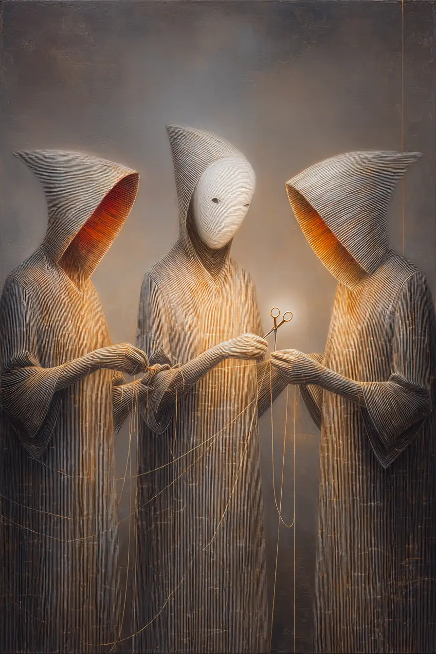 Three hooded figures weaving glowing golden threads of fate