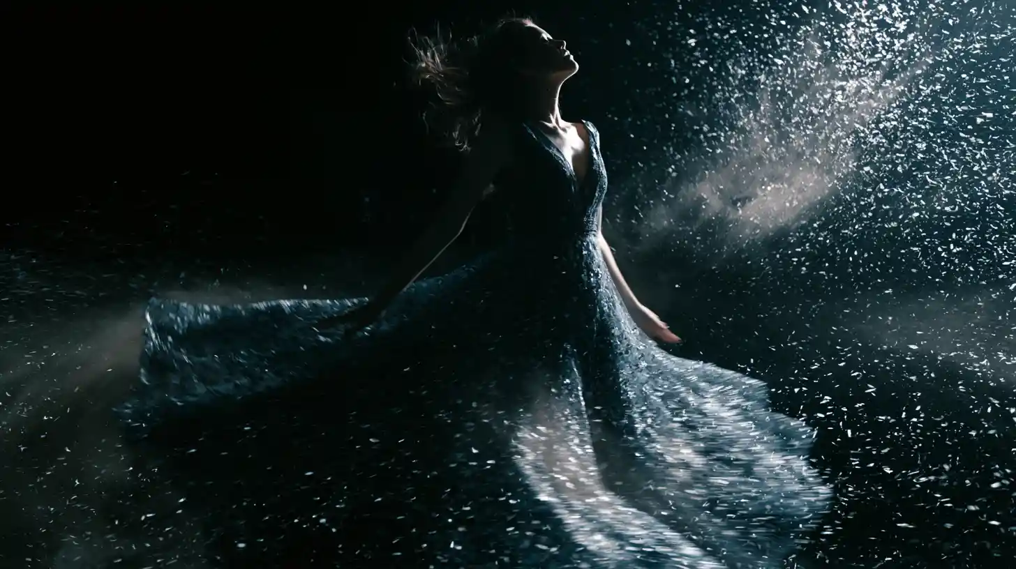 Young woman in swirling vortex of light and ash