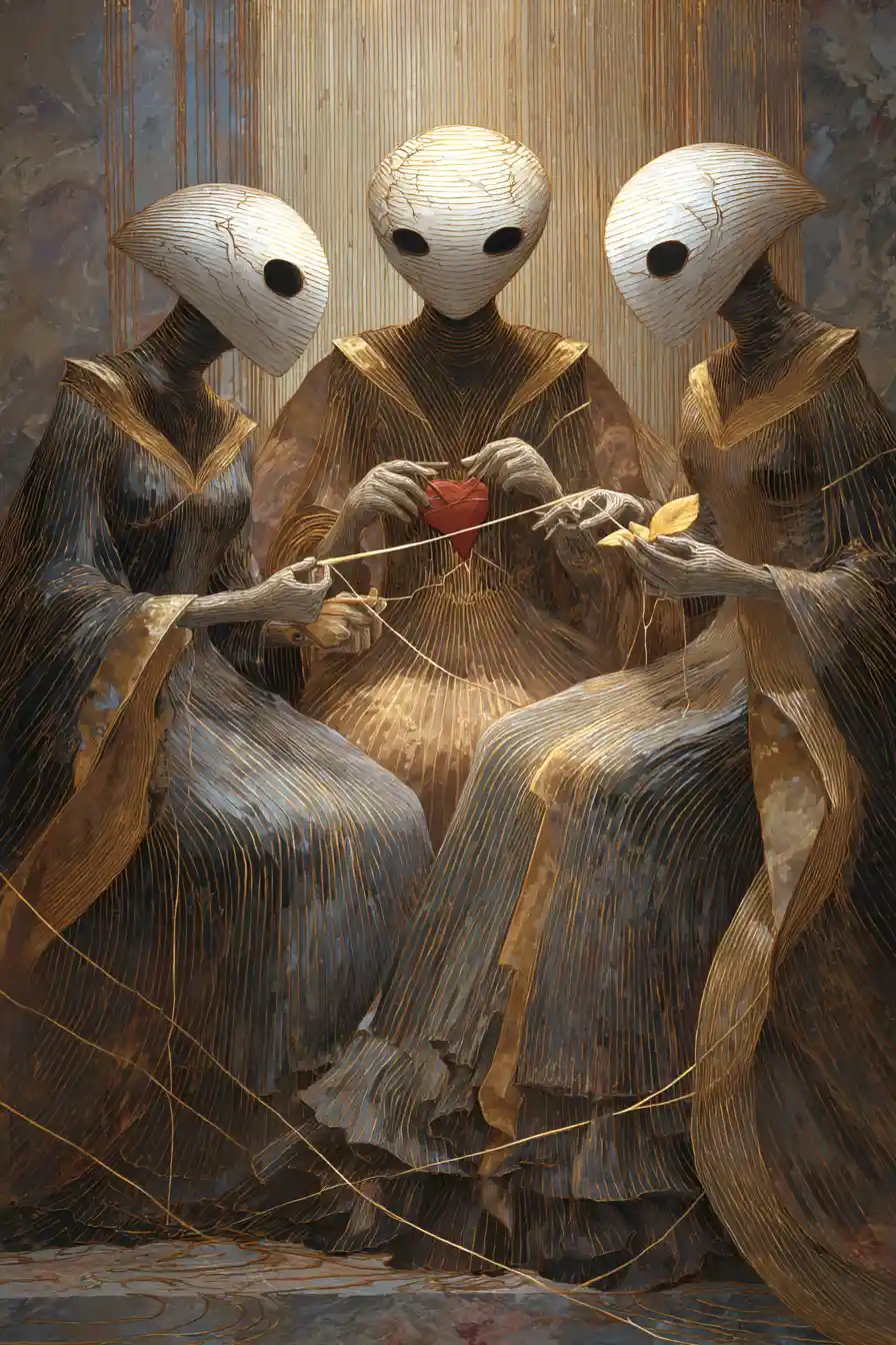 Three masked figures weaving glowing threads of fate