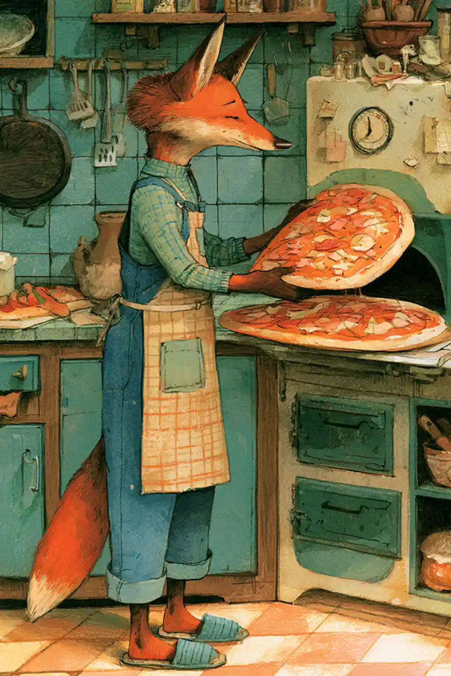Friendly fox chef preparing a giant pizza in kitchen