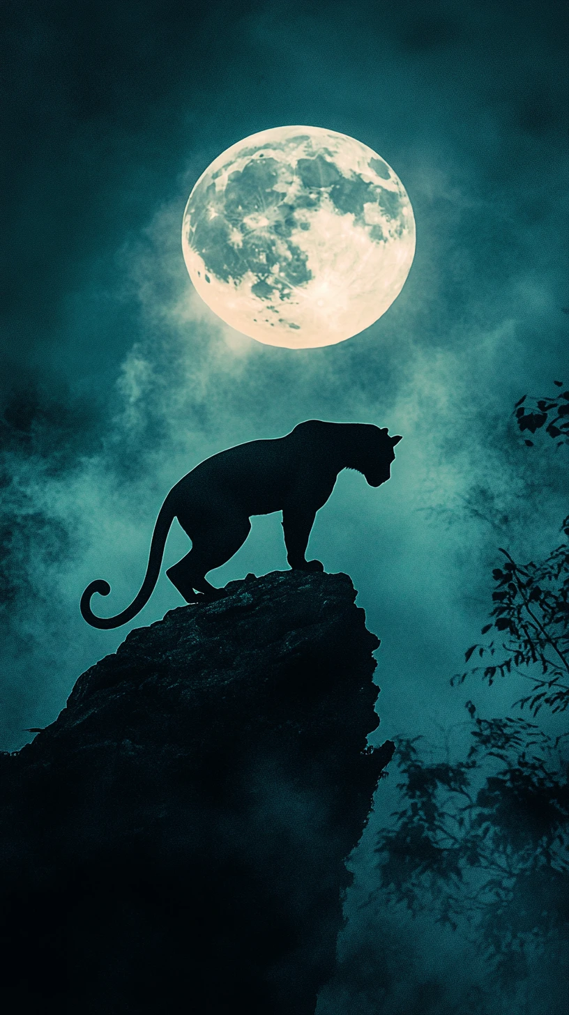 Black panther silhouette on a jungle ridge under glowing moon