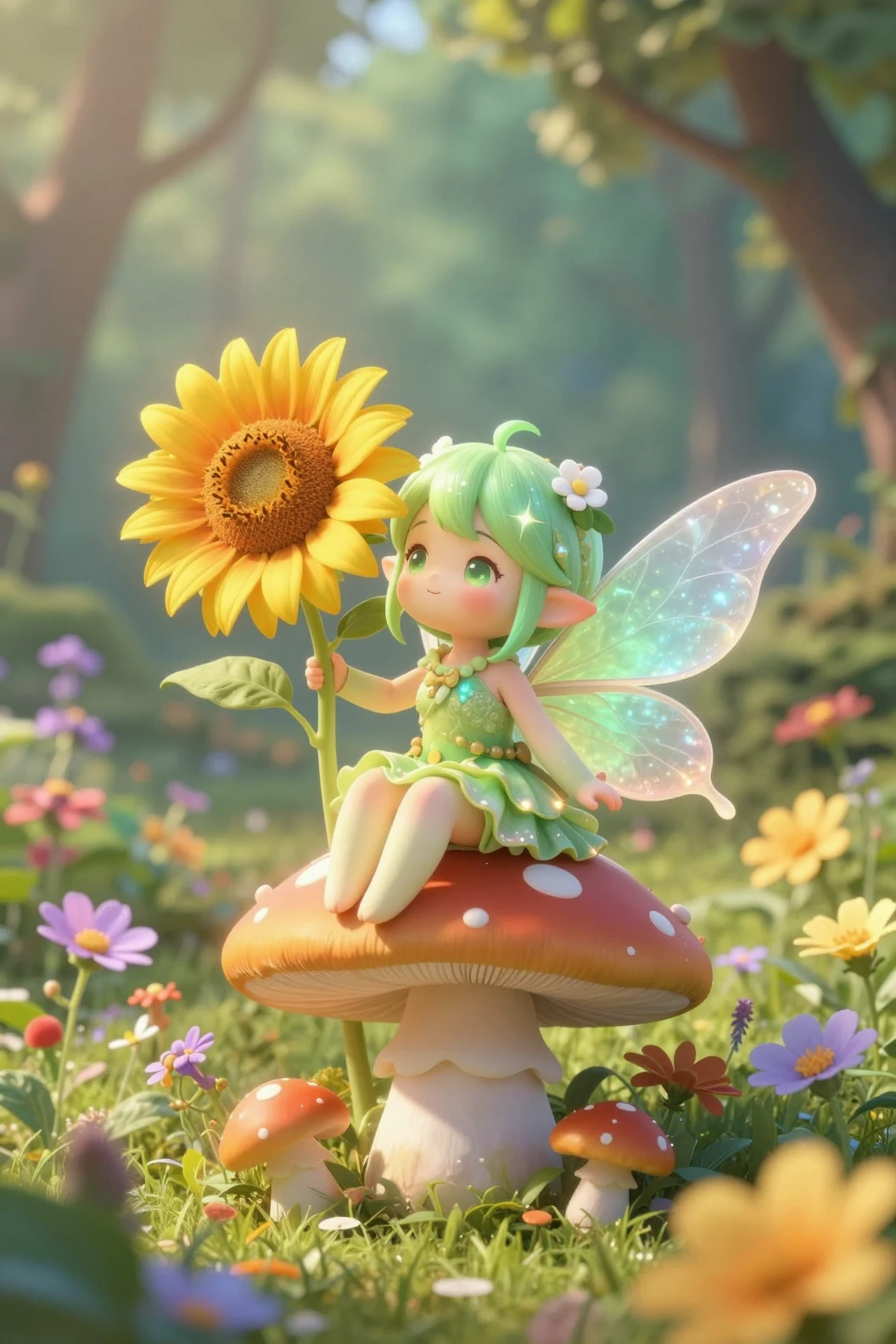 Cute green fairy sitting on a mushroom with sunflower