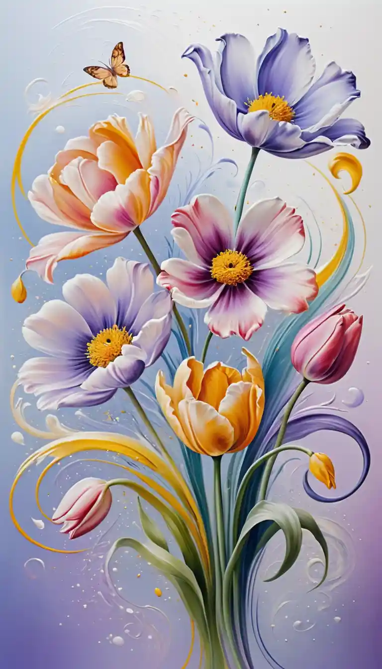 Dancing flowers swirling through soft pearly romantic air