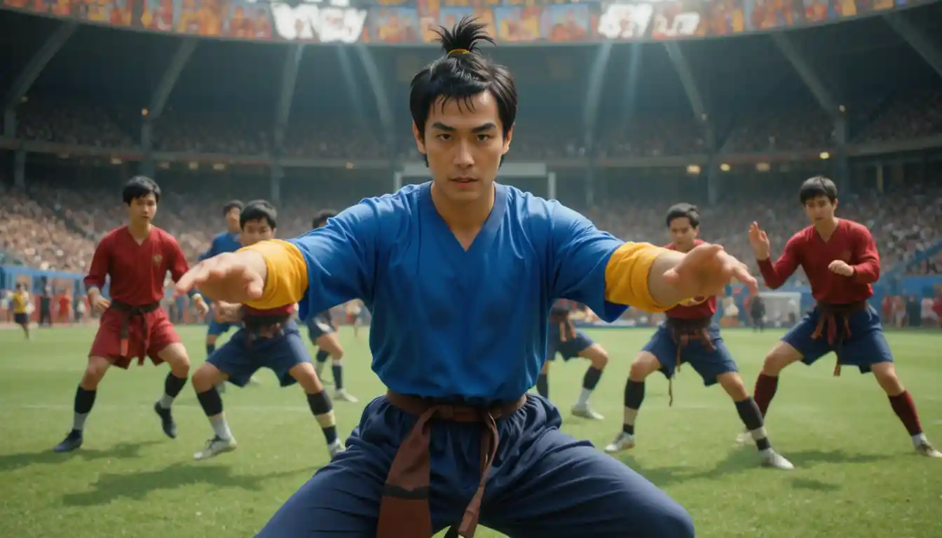 Shaolin martial artists performing kung fu moves on a soccer field