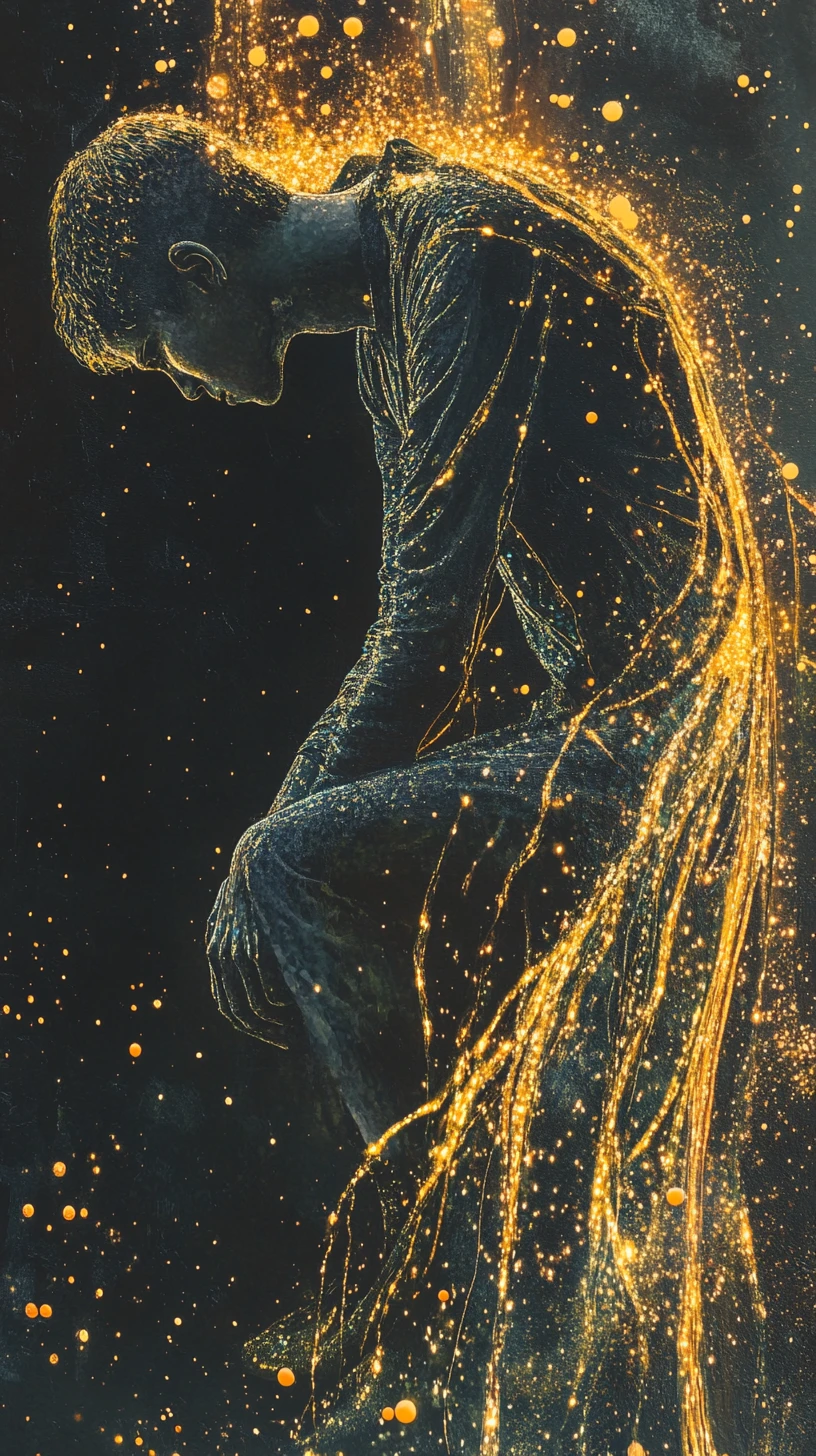 Figure Dissolving Into Luminous Vortex Below