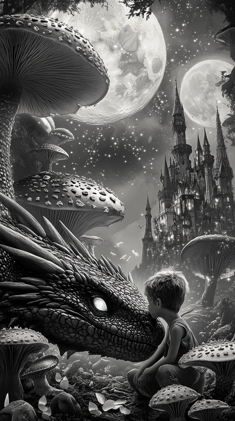 Child Resting Against Dragon Under Giant Glowing Mushrooms