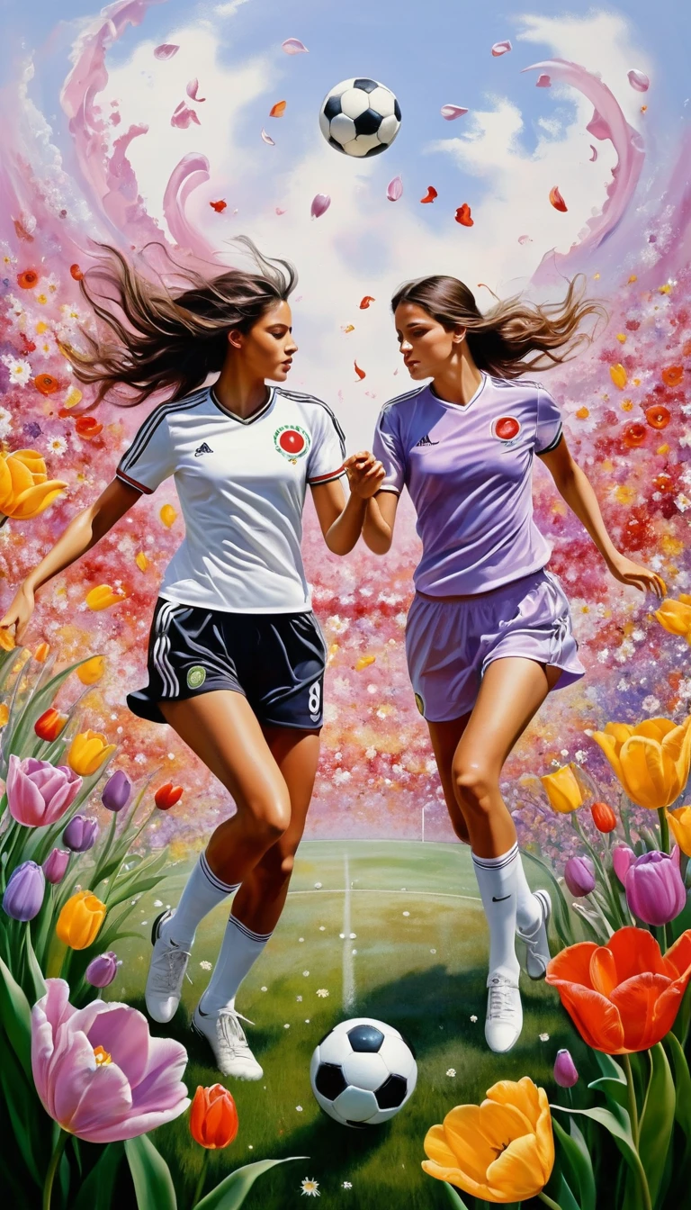 Romantic abstract painting of dancing flowers in soft colors
