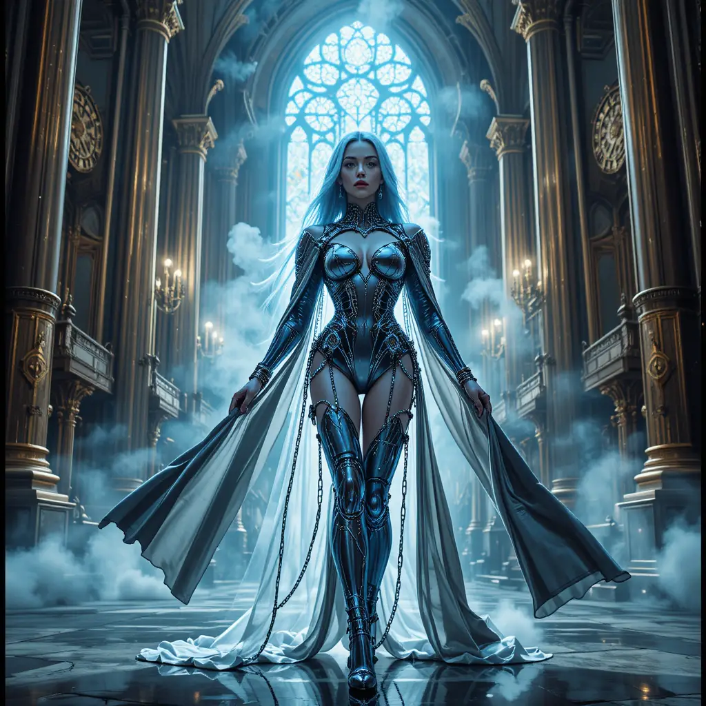 Futuristic queen in a vast steampunk cathedral