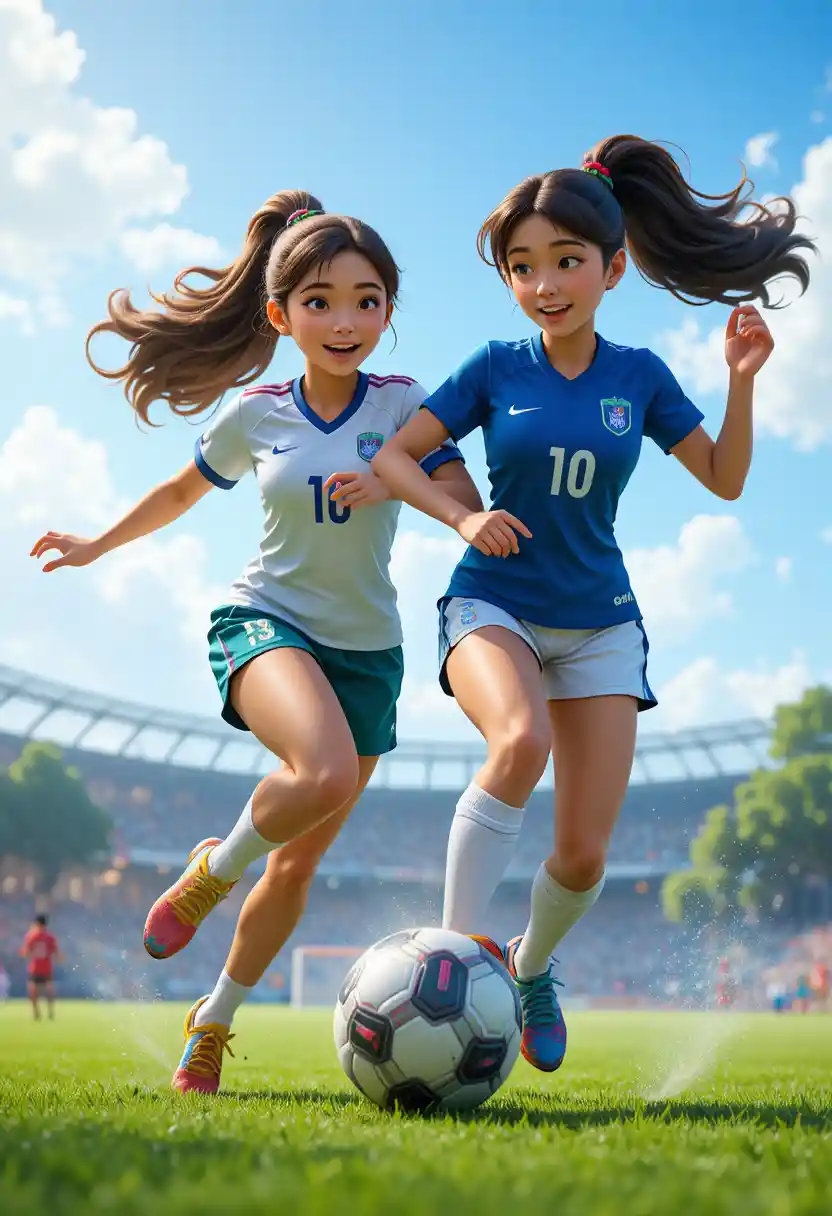Zwei Frauen kämpfen auf einem grünen Fußballfeld um den Ball