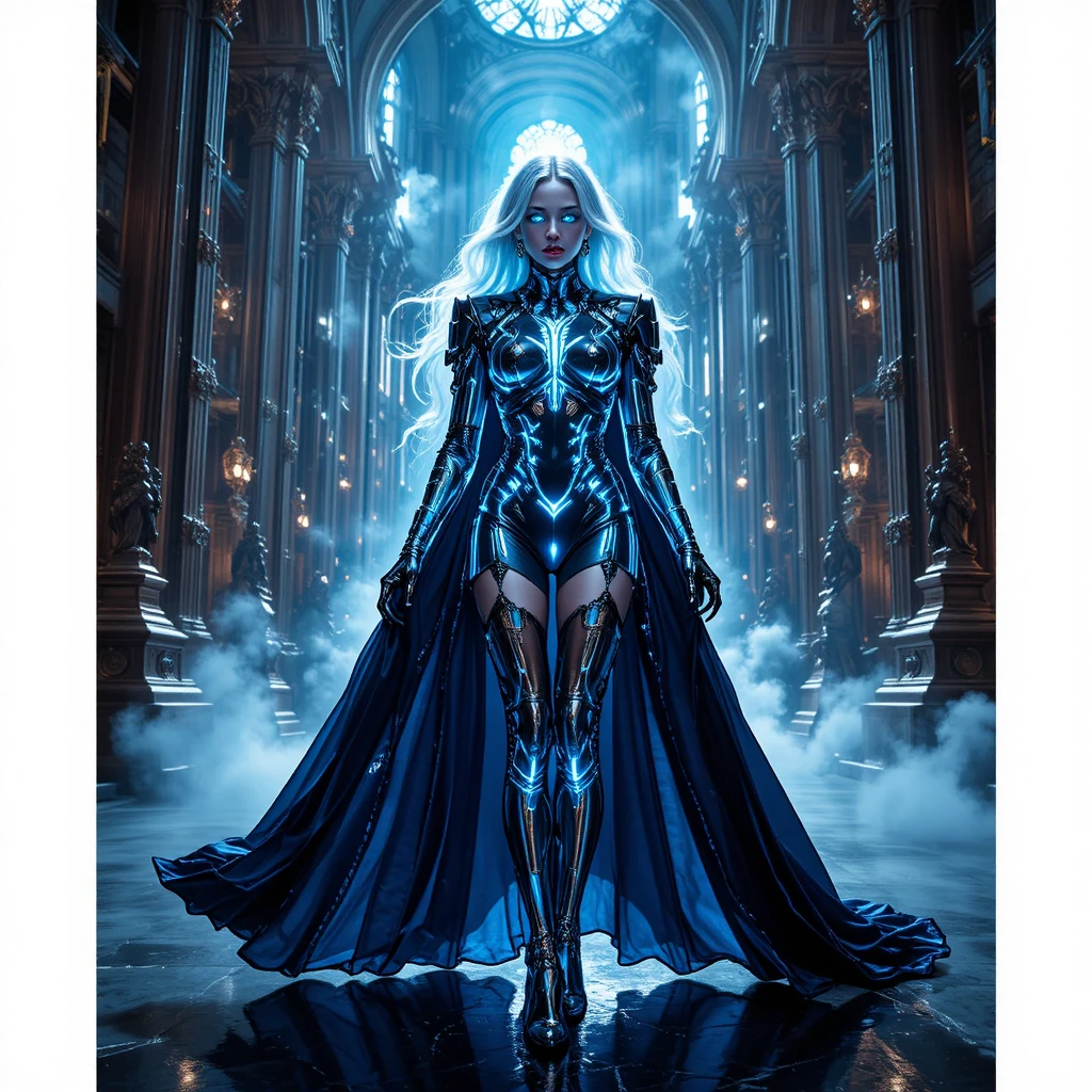 Regina futuristica in una cattedrale steampunk monocromatica