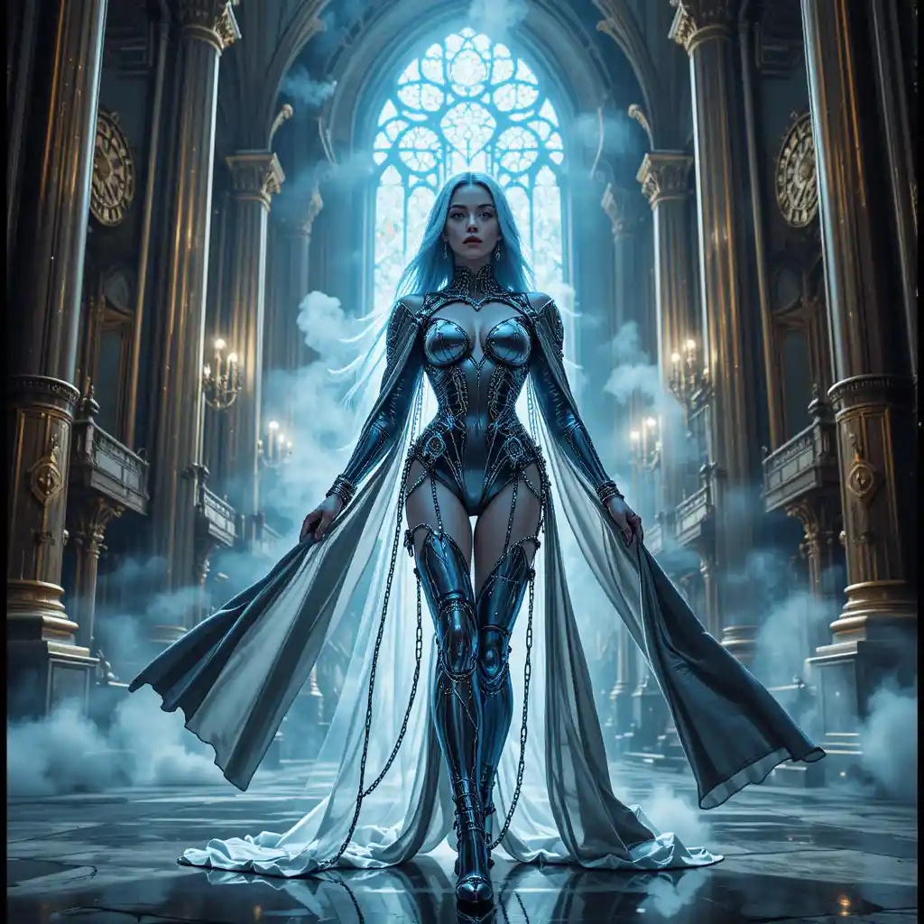 Reine futuriste dans une vaste cathédrale steampunk