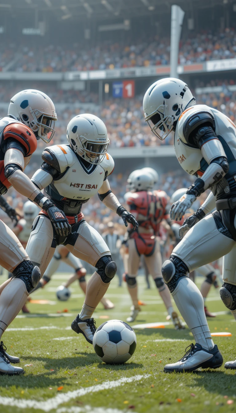 Humanoid robots playing a violent football match on the field