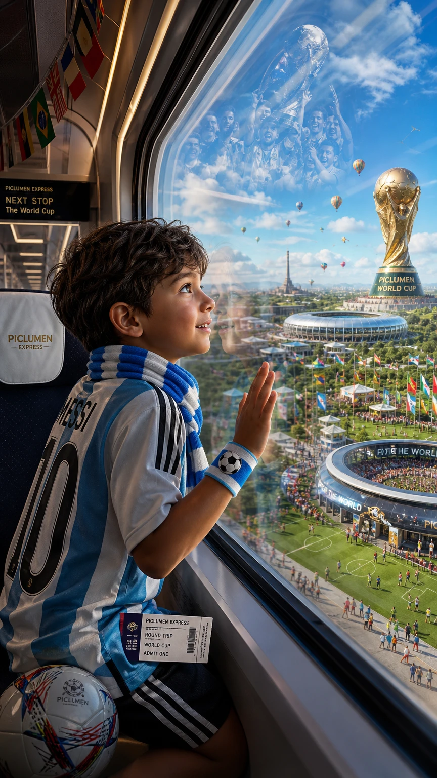 Young soccer fan gazing out a bright train window