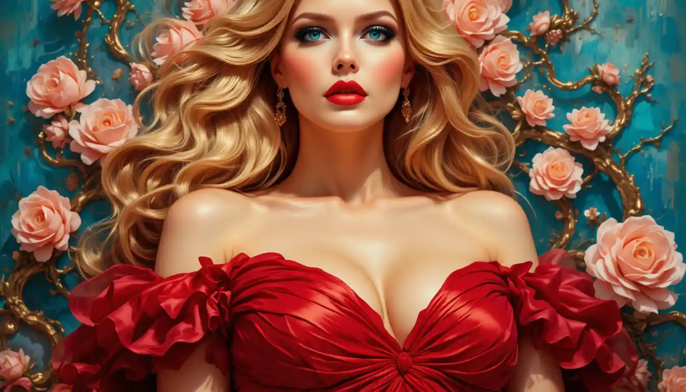 Sensual blonde woman in red dress with painterly texture