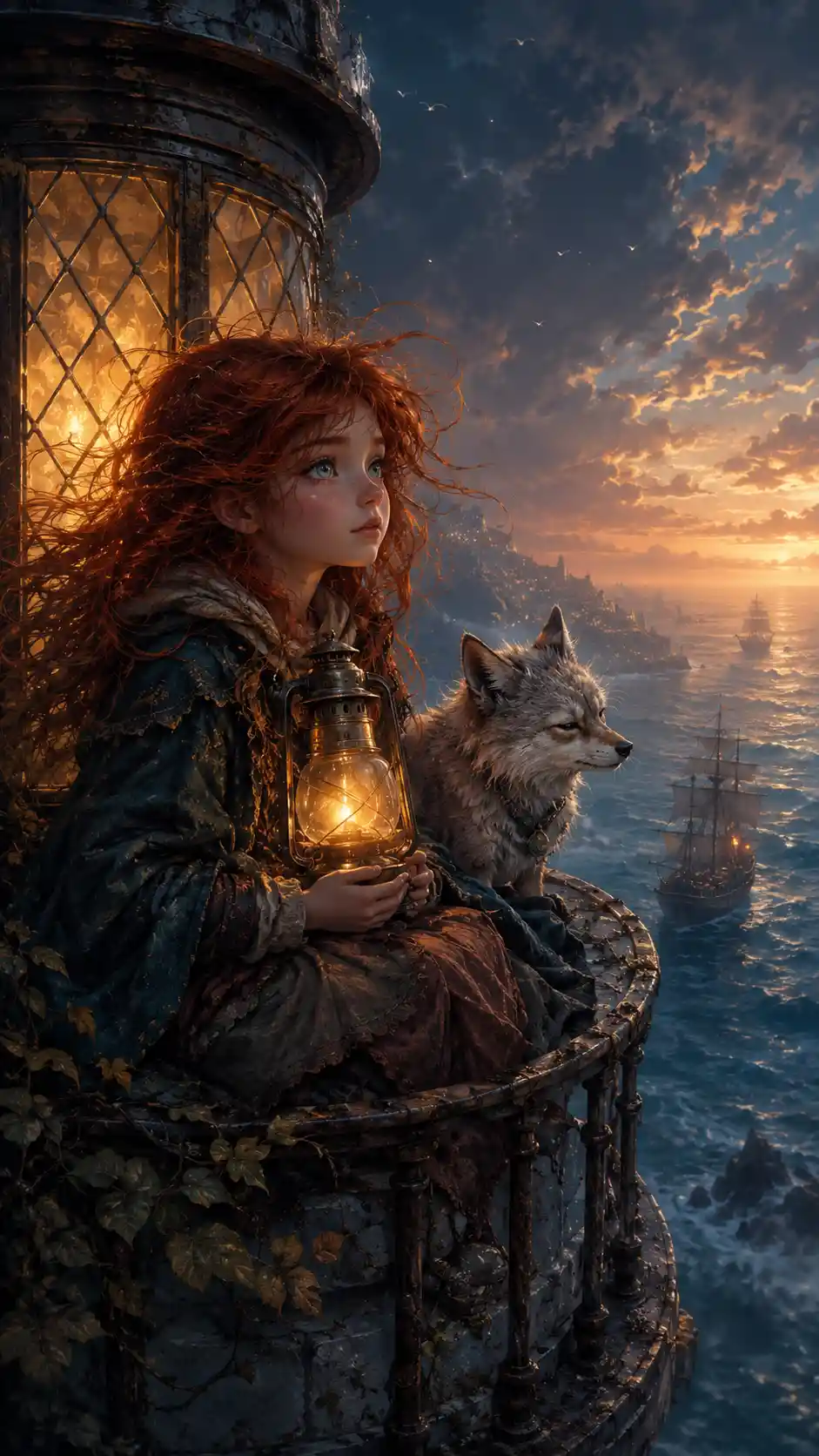 Red haired girl on lighthouse balcony with lantern and fox