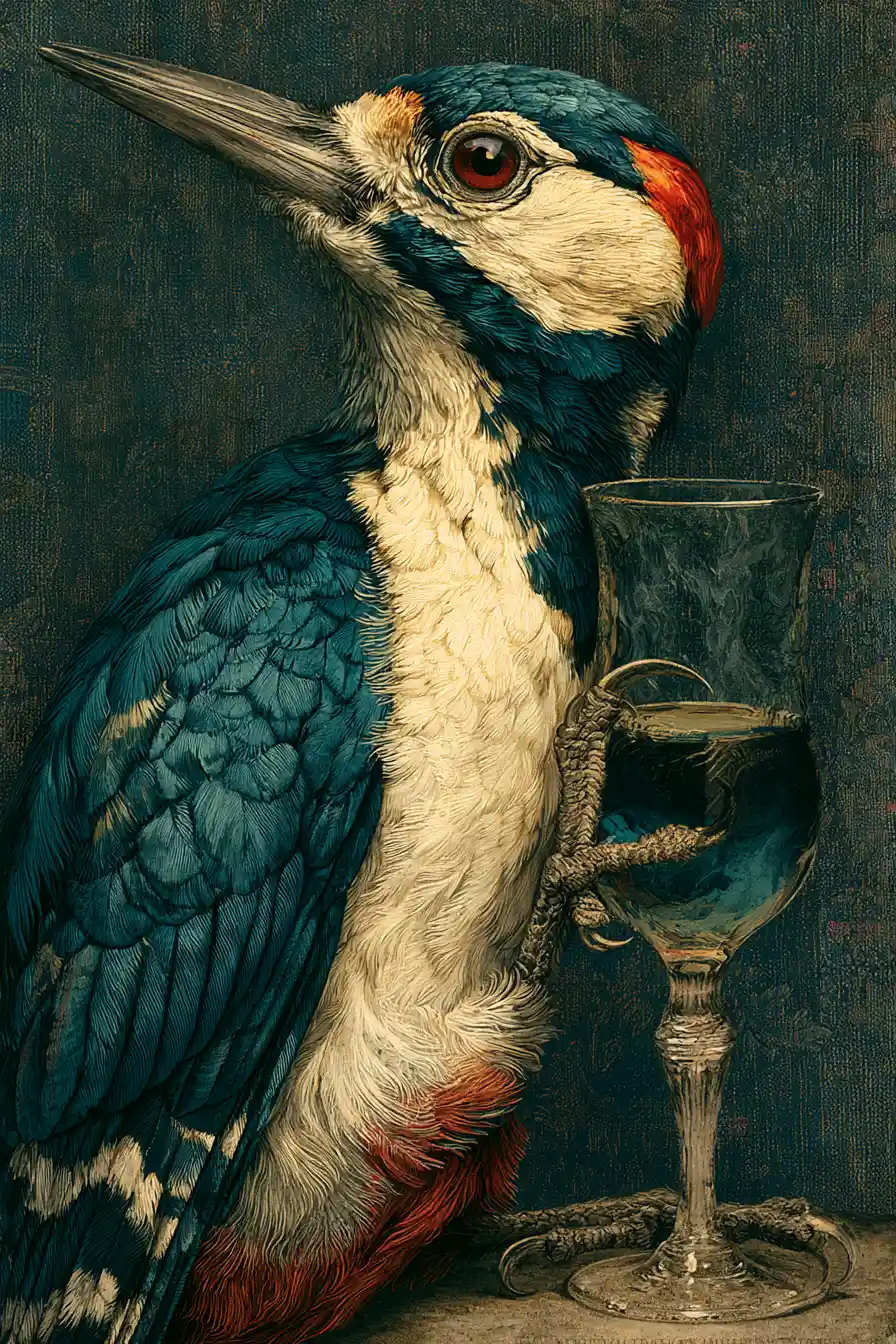 Surreal woodpecker drinking schnapps in colorful artwork
