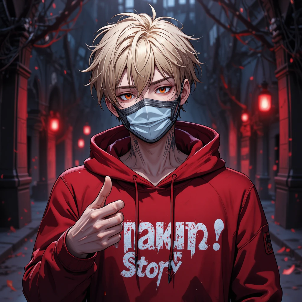Anime boy in red hoodie with mask in horror night