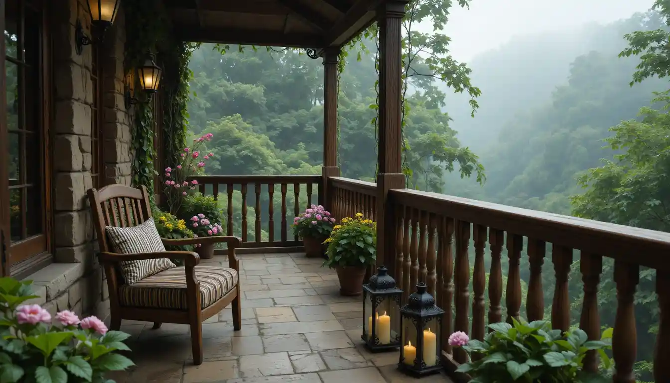 Poltrona rustica da balcone illuminata da lanterne a lume di candela