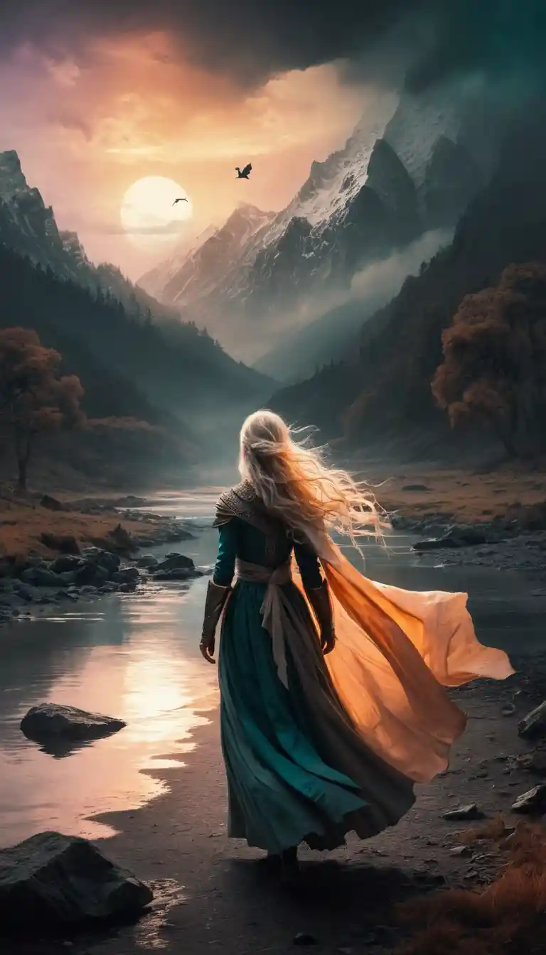 Lone wanderer drifting through a sunset fantasy landscape