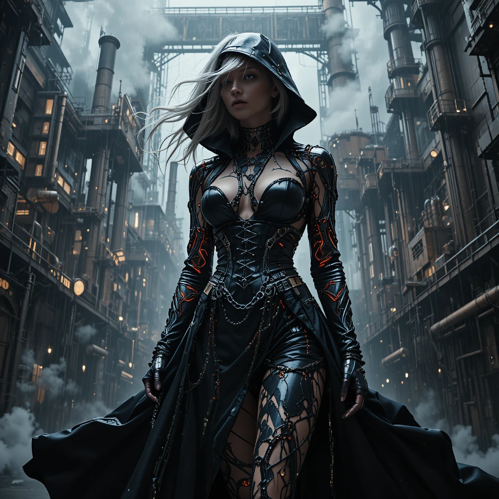 Cyber noir femme fatale in latex coat and chains