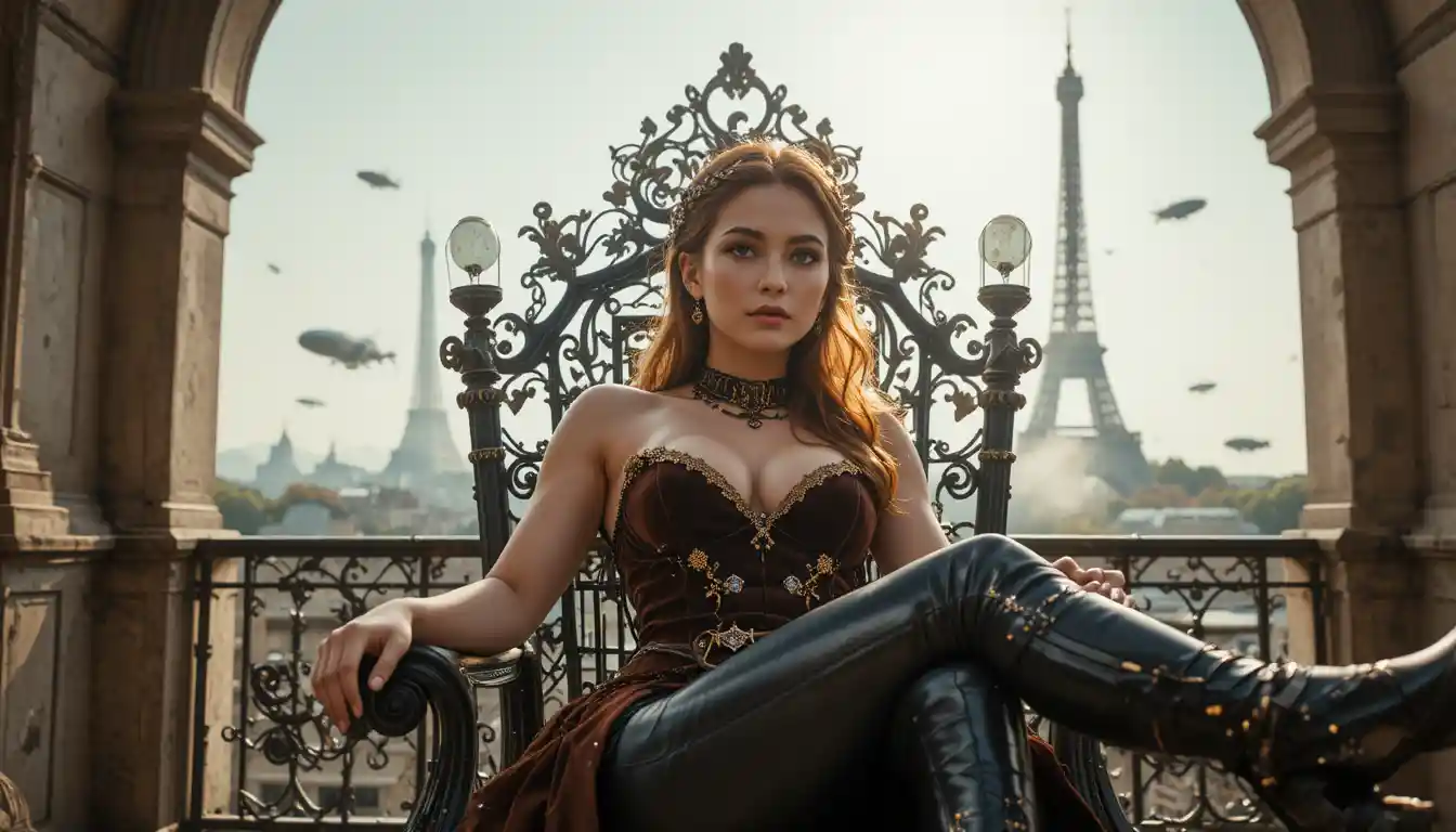 Steampunk princess reclining on a wrought iron throne chair