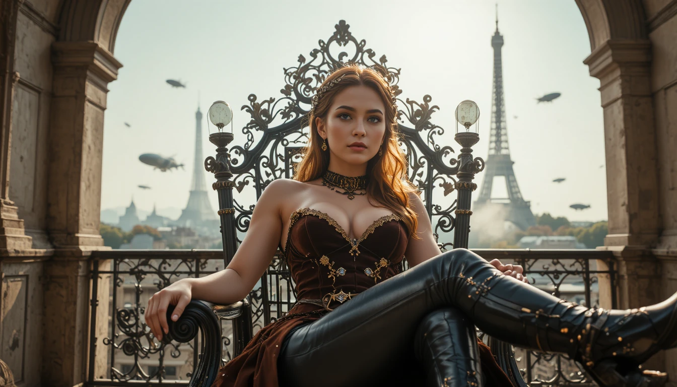 Princesa steampunk reclinada em uma cadeira de trono de ferro forjado
