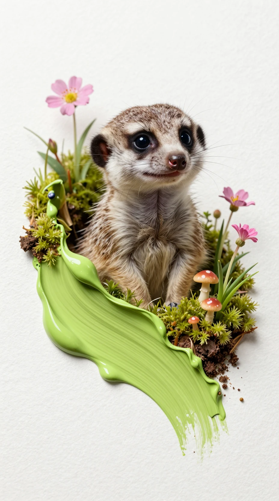 Baby-Erdmännchen, das aus einem winzigen gemalten Ökosystem auftaucht