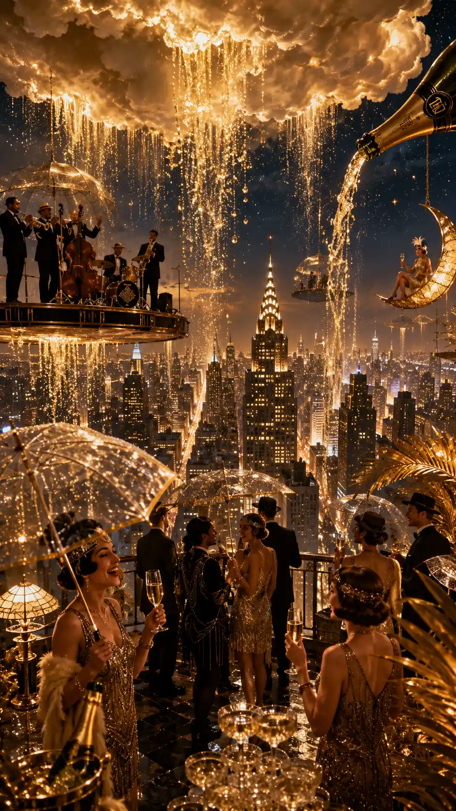 Glamorous rooftop party above a glittering city skyline