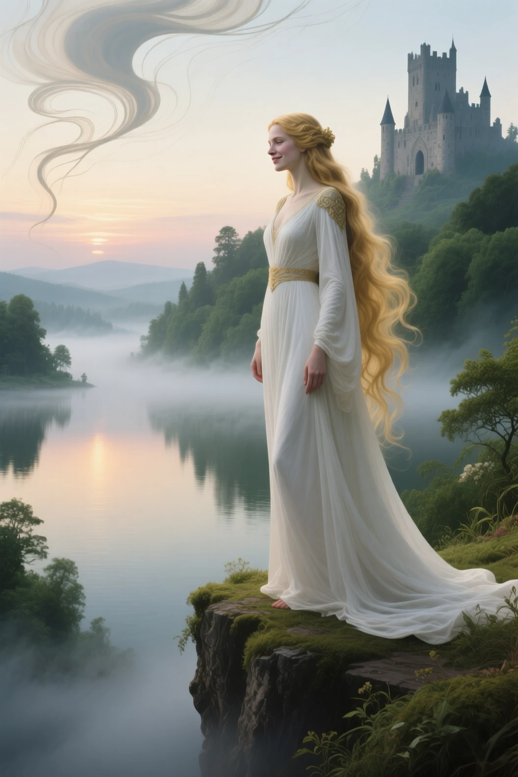 Regal woman on misty cliff at dawn by a lake