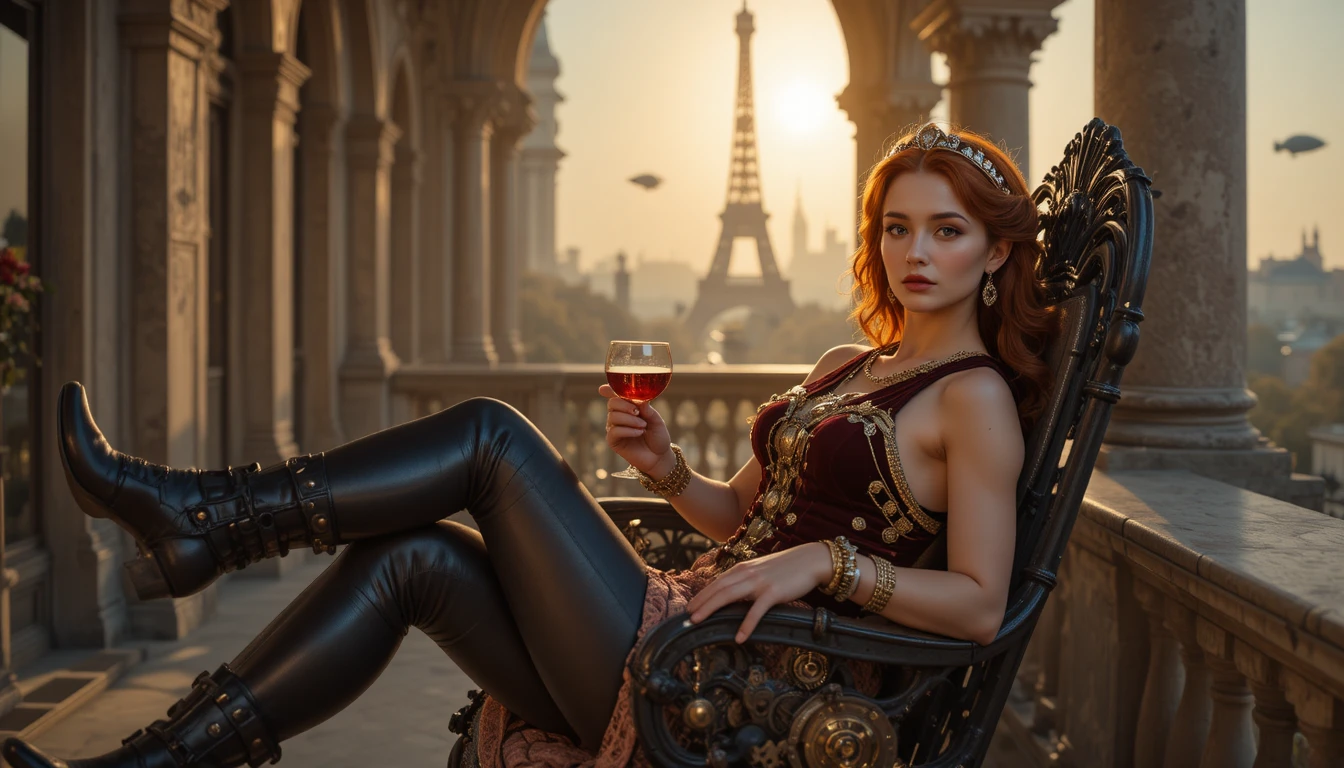 Steampunk princess on a wrought iron throne at sunrise