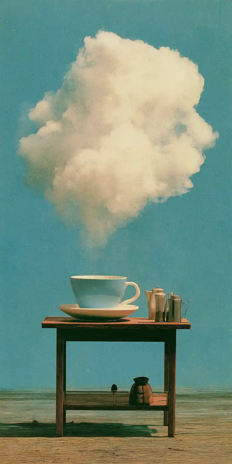 Surreal diorama of a quiet café heaven in soft vintage tones