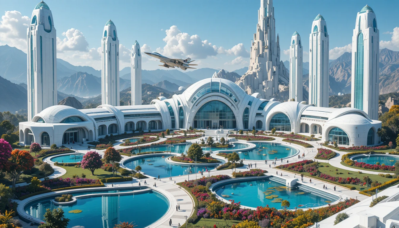 Futuristic space academy with lakes and sleek training fighter