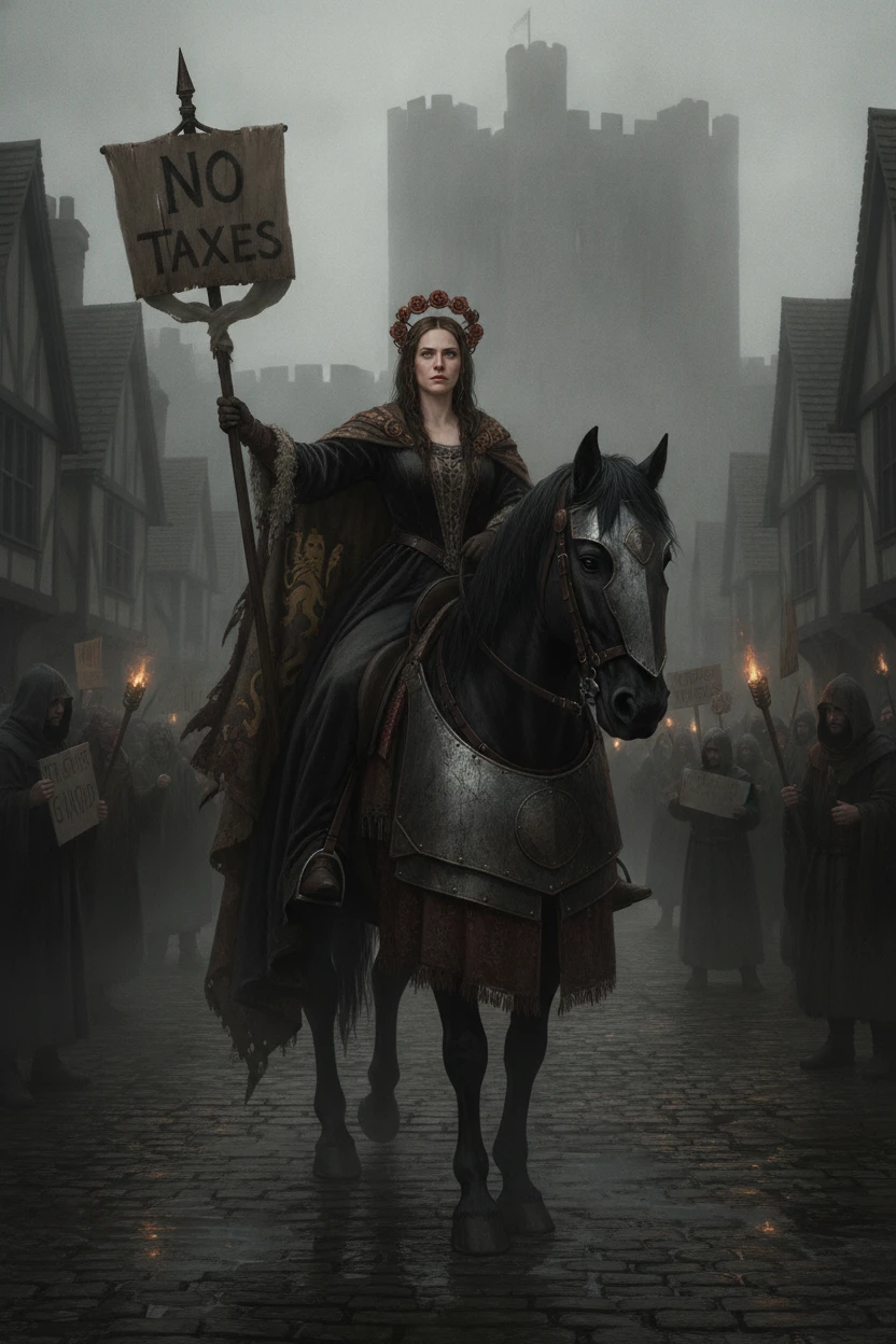 Medieval noblewoman riding through Coventry in misty dawn streets