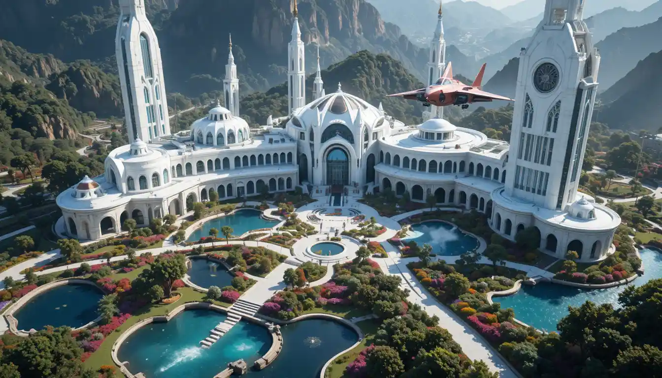 Futuristic space academy with sleek training spacecraft overhead
