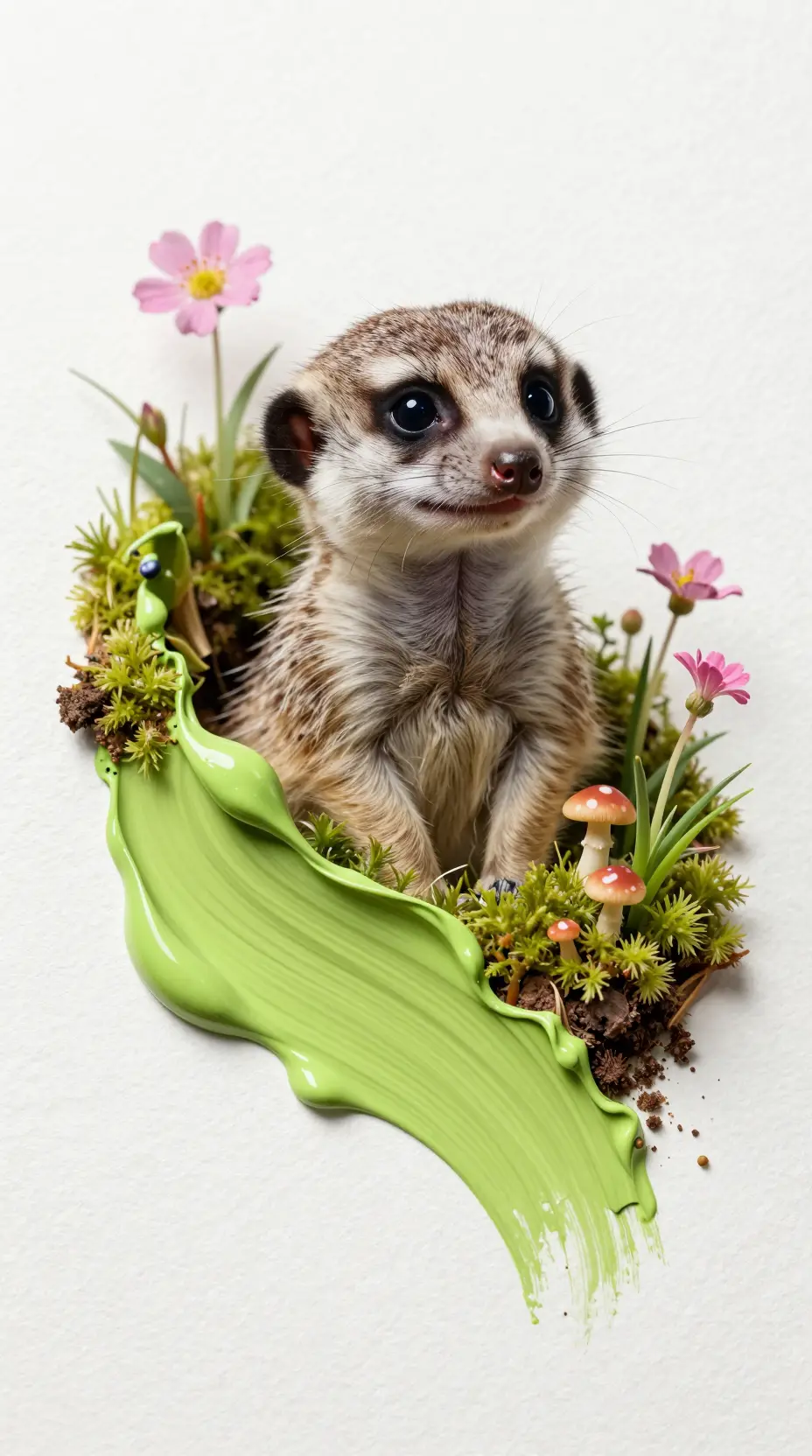 Baby meerkat emerging from a tiny painted ecosystem