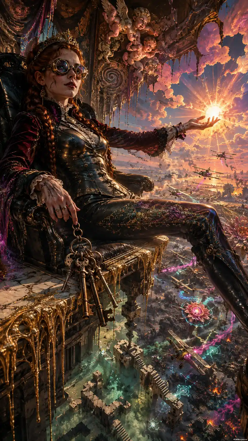 Steampunk princess on a dark throne in a floating villa